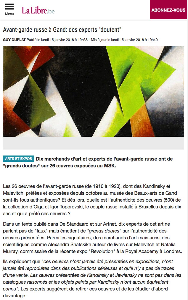 Page Internet. Museum voor Schone Kunsten (MSK). Avant-garde russe à Gand - des experts « doutent ». 2018-01-15